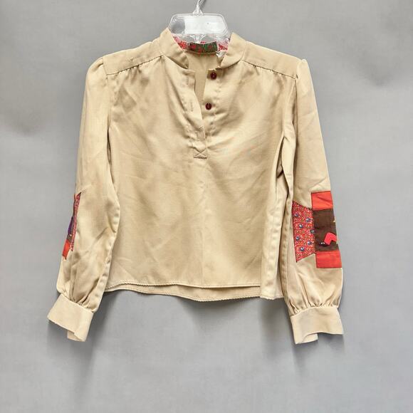 Vintage 70s tan patchwork sleeve twill cropped long sleeve Boxy top Size Small - Picture 3 of 15